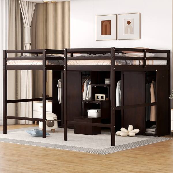 slide 2 of 9, Espresso Double Twin Size Solid Pine Wood Loft Bed with 2 Wardrobes and Storage Staircase, Full-Length Guardrail Espresso