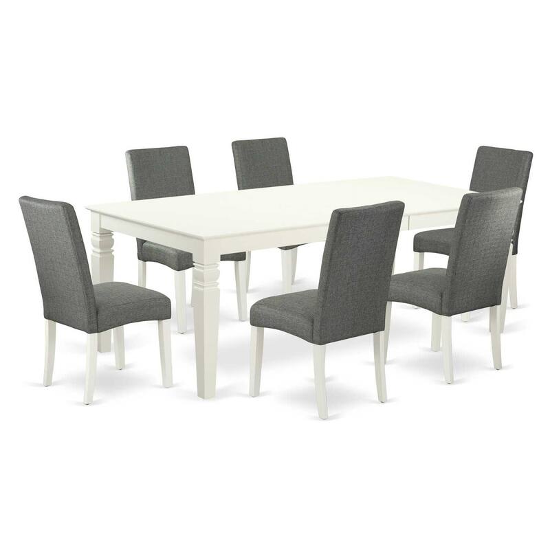 Coastal Kitchen Table Set - 7Pc Rectangle Dining Table with 6 Chairs - Linen White Legs & Gray Fabric