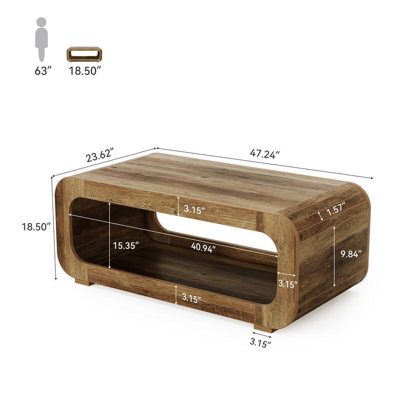 47" Rustic Curved Wood Coffee Table with Open Shelf, 2-Tier Rectangular Center Table for Living Room