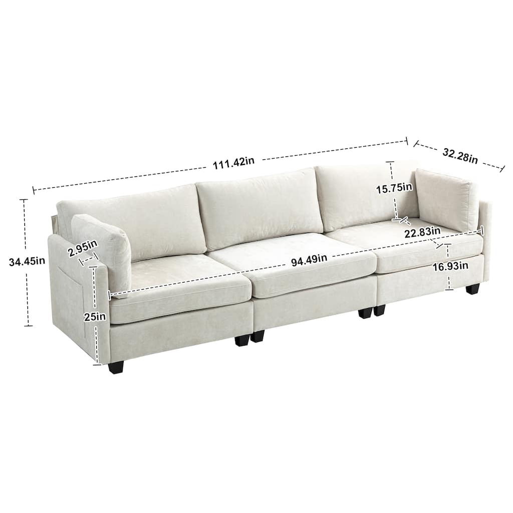 Chenille Upholstered 3 Seater Sofa, Cloud Sofa with 2 Pillows, Deep Seat Sofa with Storage Pocket for Living Room, Apartment