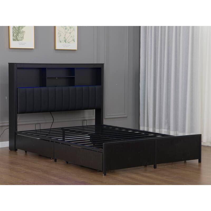 King/Queen Storage Bed with LED Headboard, Charging Station & 4 Drawers