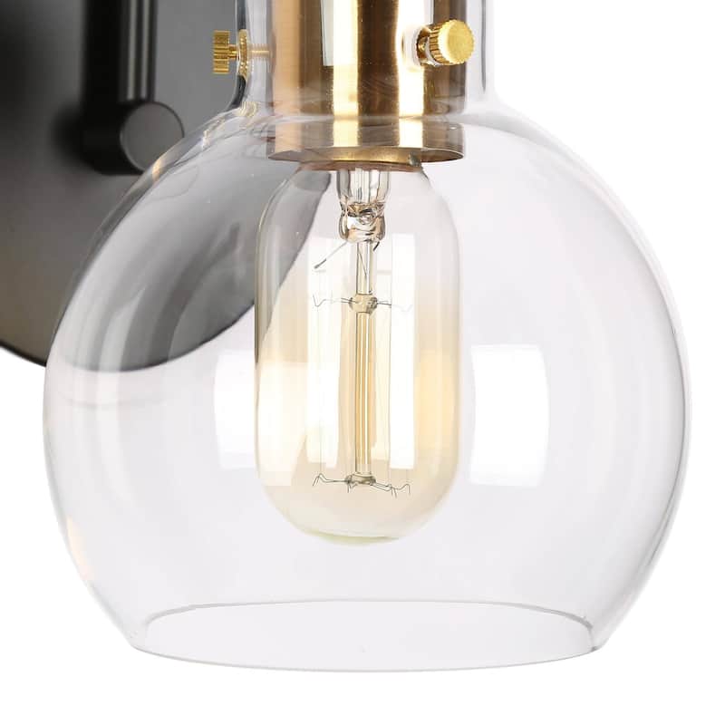 Modern 1-Light Black Gold Wall Sconces Dimmable Bathroom Vanity Light with Globe Glass - 5.5" L x 8" W x 8.5" H