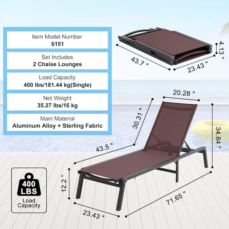 Chaise Lounge Chairs Outdoor, Aluminum Patio Lounge Chairs with Adjustable 5-Position, Folding Pool Lounge Chairs Recliner