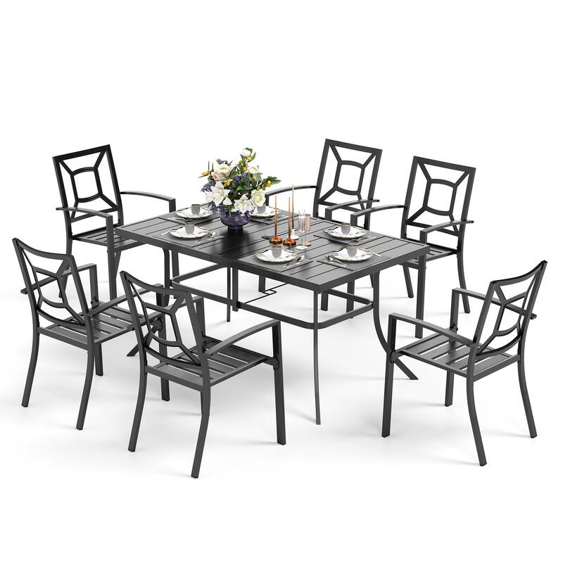 MAISON ARTS Patio Dining Set 7 Piece Metal Rectangle Patio Table with 2.6" Umbrella Hole and 6 Metal Dining Chairs, Black