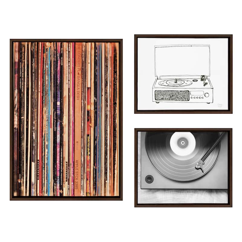 Kate and Laurel Sylvie Record Player Framed Canvas by Various Artists - Plastic - Walnut - 3 Piece