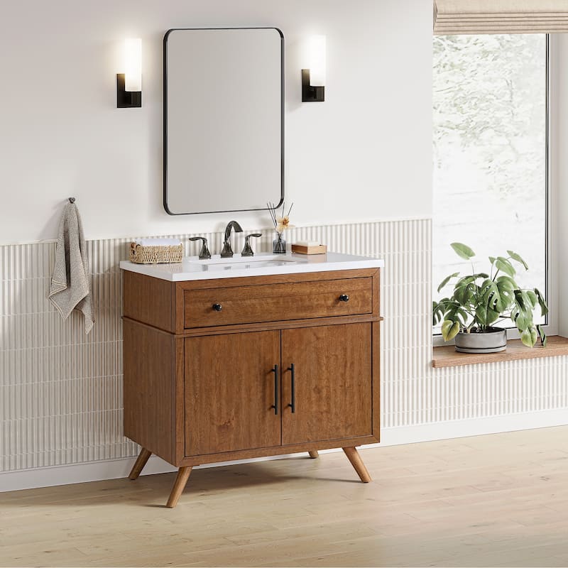 Mid-Century Modern 37” Cinnamon Brown Wood Single Bathroom Vanity - Cinnamon Brown