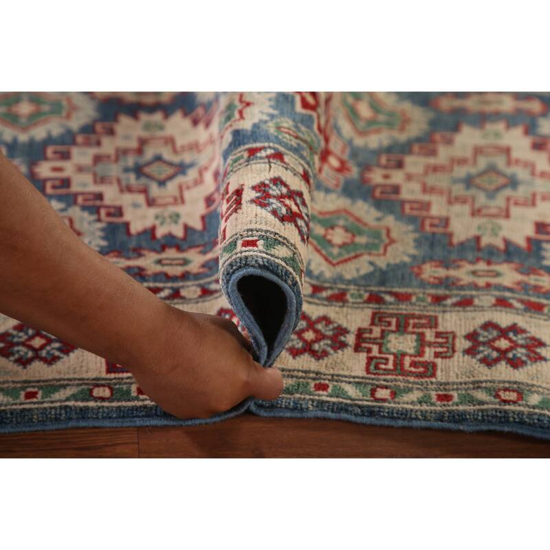 Blue Geometric Kazak Runner Rug Handmade Oriental Wool Carpet - 2'8" x 12'7"