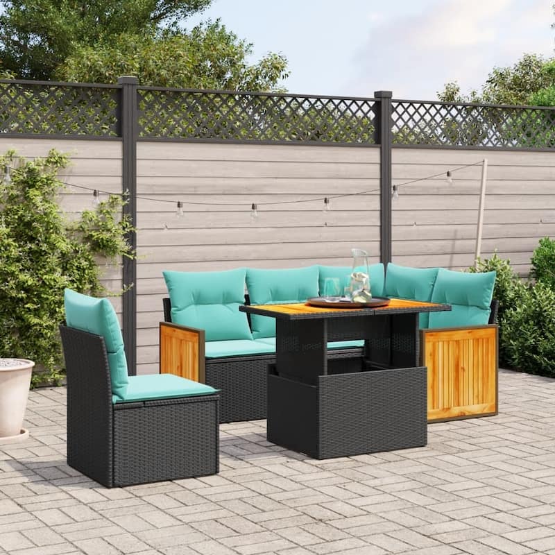 vidaXL Patio Sofa Set with Cushions Outdoor Furniture 6 Piece Poly Rattan - Black - 21.7 x 24.4 x 27.2