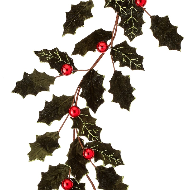 47" Velvet Holly Leaf Garland With Ball - 42