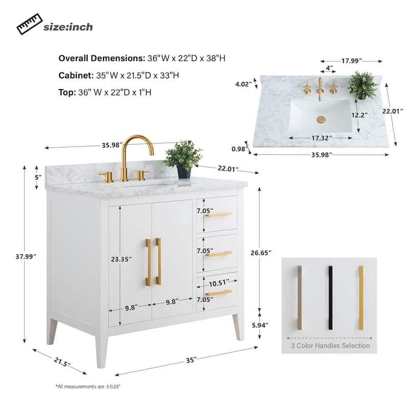 Vanity Art 36" Single Sink Bathroom Vanity Cabinet with Engineered Marble Countertop