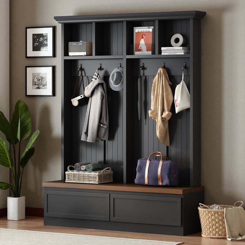 Farmhouse 4-in-1 Hall Tree with Wood Grain Bench, 2 Drawers, 6 Hooks, Entryway Organizer, 55.9 in Wide - Black