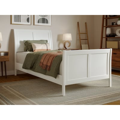 Twin XL Platform Bed Wood Sleigh Low Profile Bed Frame with Footboard - White Finish