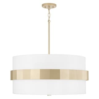 Sutton 4-light Soft Gold Large Drum Pendant w/ White Fabric Shade & Frosted Glass Diffuser