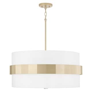 Sutton 4-light Soft Gold Large Drum Pendant w/ White Fabric Shade & Frosted Glass Diffuser