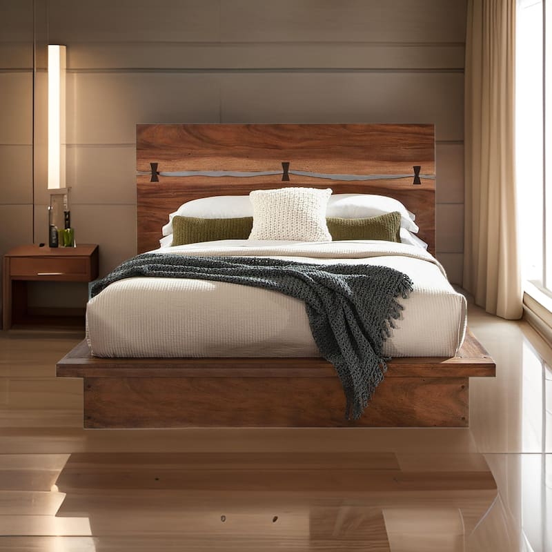 Zeko California King Platform Plinth Bed, Natural Edge, Walnut Brown Wood