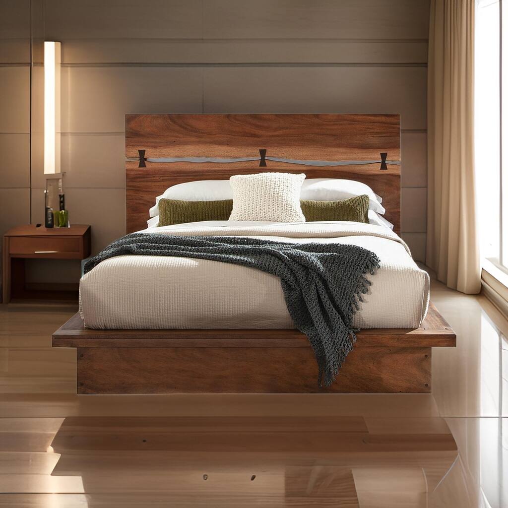 Zeko California King Platform Plinth Bed, Natural Edge, Walnut Brown Wood