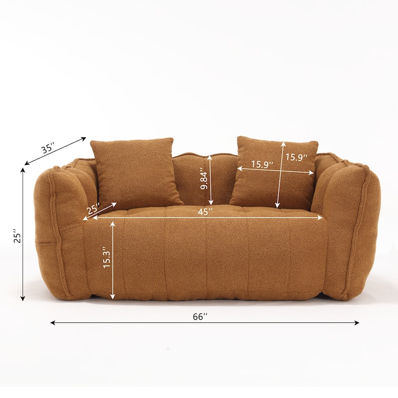 Chenille Bean Bag Sofa w2 Pillows Upholstered Loveseat, Deep Seat Sofa for Living Room Sleeper Recliner Sofa Couch