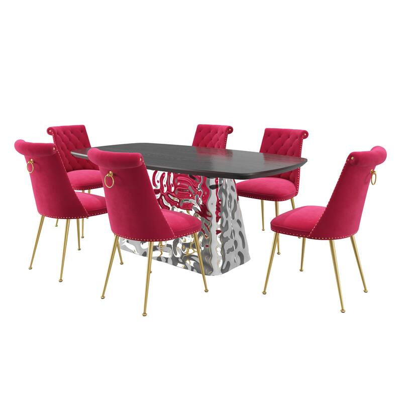 7-Piece Clihome Modern Stainless Steel Table Velvet Chair Dining Set