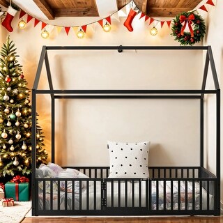 House-Shaped Design Full Size Metal House Bed with Fence and Door,Kids Bed Design