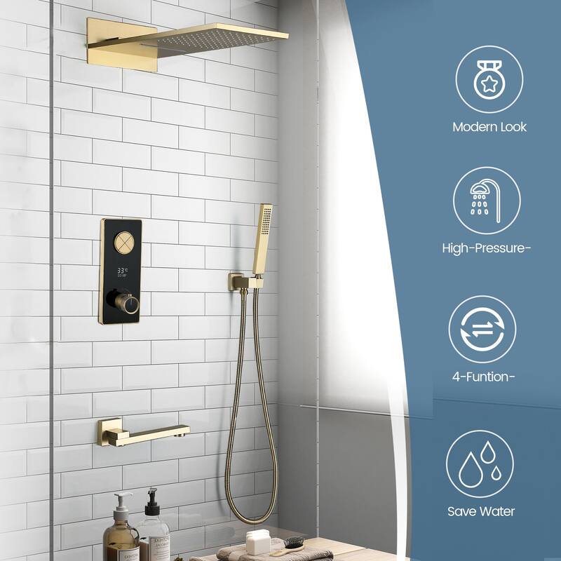 Digital Display Thermostatic Complete Shower System with Rough in-Valve, Rain Shower Faucet Set