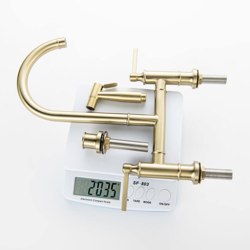 Wall Mounted Pull Down Two Handle Kitchen Faucet In Brushed Gold