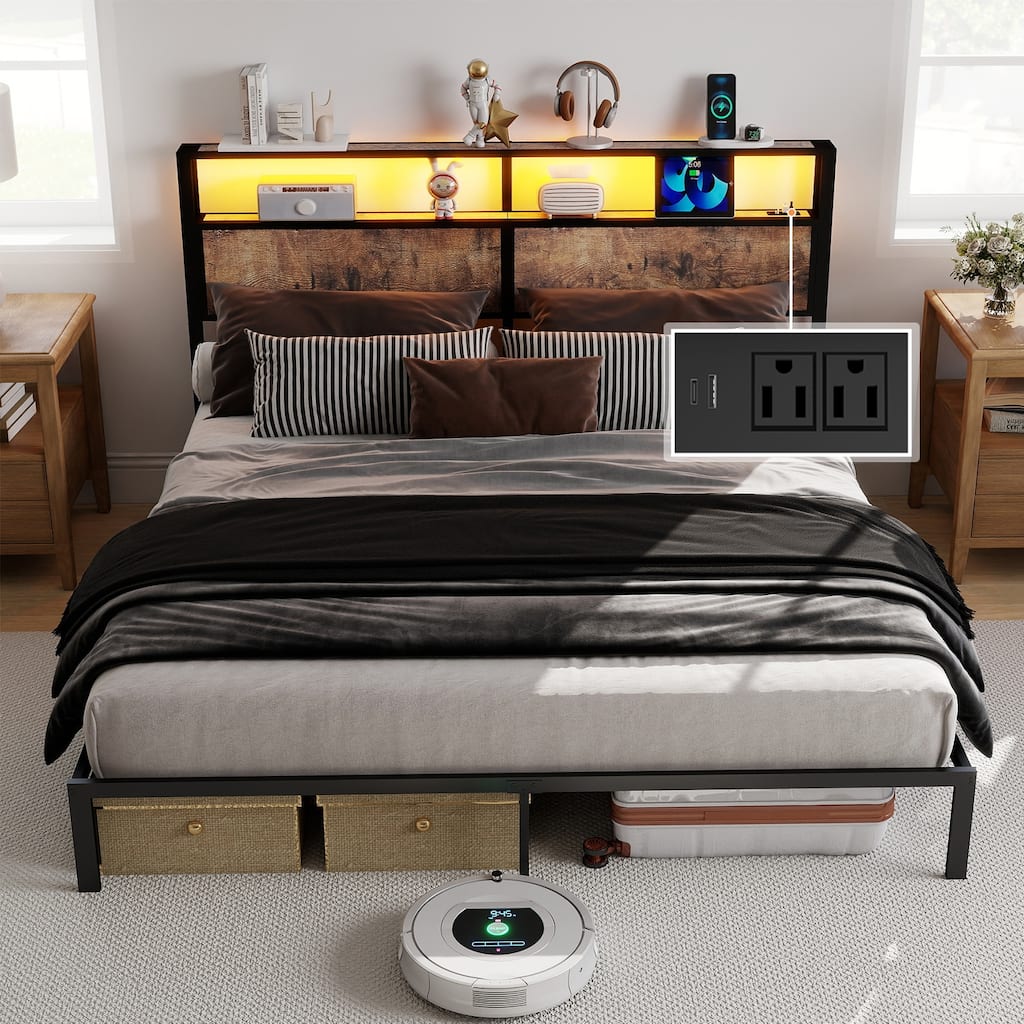 King Size Bed Frame with Headboard, RGB LED Light & Charging Station