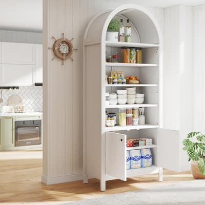 71" Tall Arched Cabinet White 2 Doors Arched Bookcase/Bookshelf Adjustable Shelves Pantry Cabinet