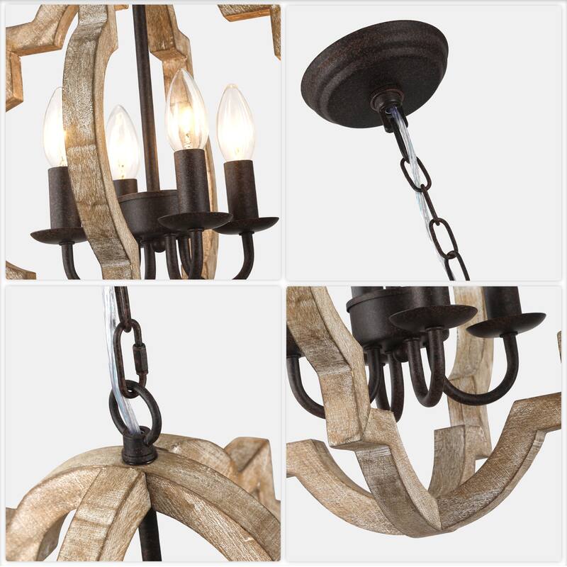 Bella Depot 16" 4-Light Distressed Wood Chandelier Adjustable Pendant Light for Dining Room Bedroom