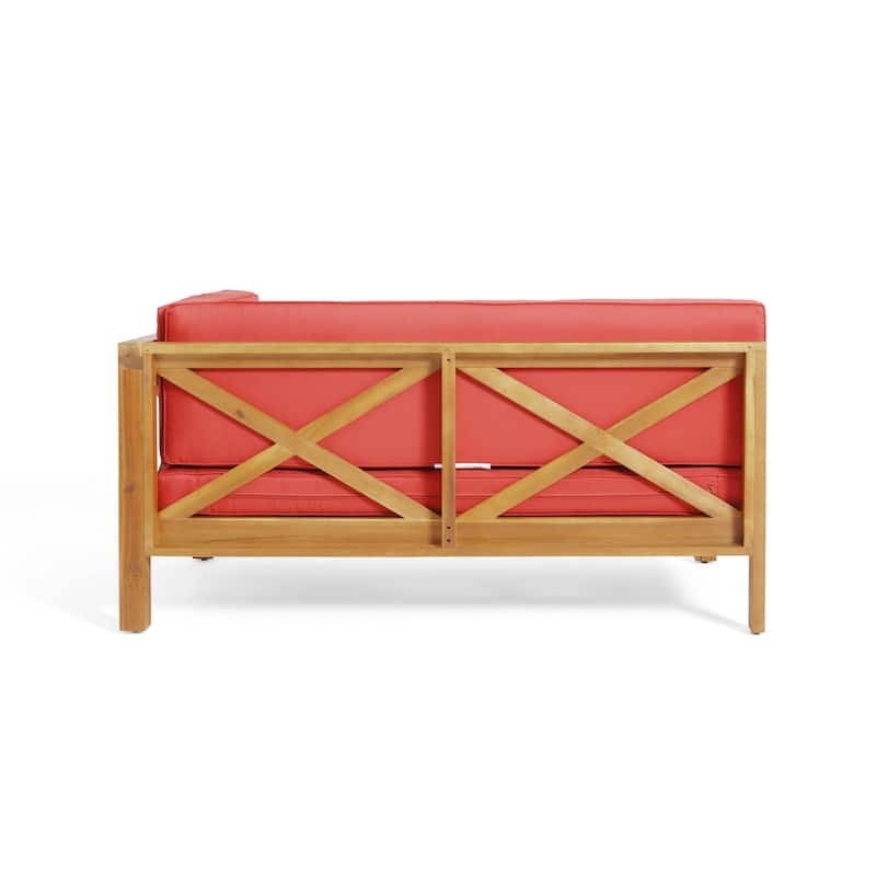 Roomfitters X-Back Corner Bench with Coffee Table, Outdoor Wooden Patio Sofa with Cushions for Garden or Porch