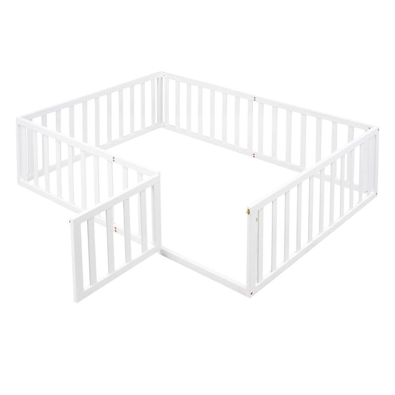 Full Size Floor Bed Frame with Safety Fence and Door Solid Wood Construction