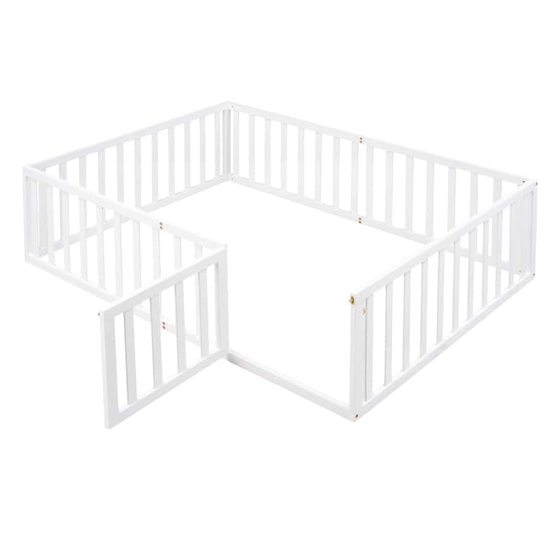 Safe Play Area, Full Size Wooden Floor Bed Frame with Fence and Door, Open Design Low Bed for Kids, Without Slats