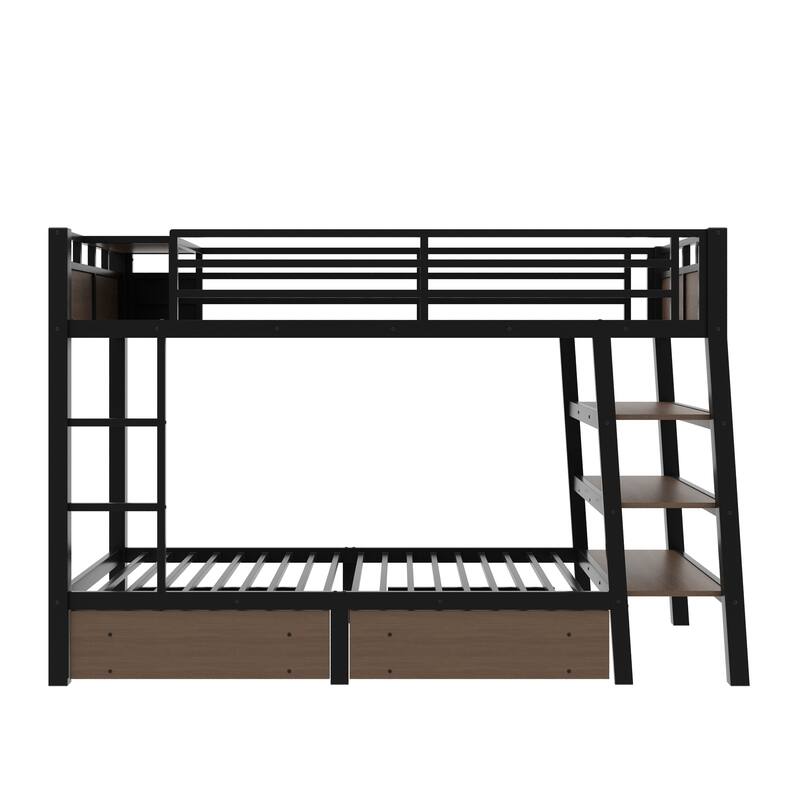 Metal Bunk Bed with Open Storage Shelves, Underbed Drawers and Built-in Desk with Charging Station for Guest Rooms or Dorms