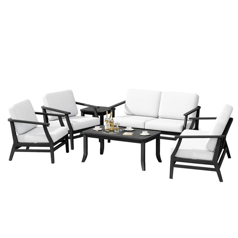 Teak Outdoor Patio Conversation Set with Cushions and Tables (6-Piece)