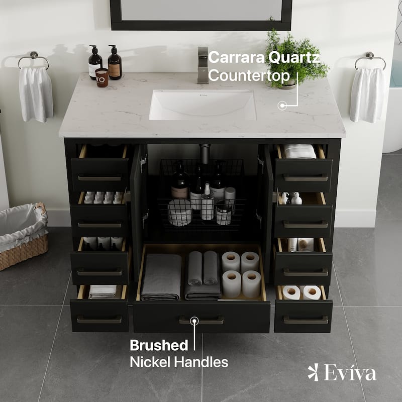Eviva London 42"W Bath Vanity with Carrara Quartz Top & Undermount Sink