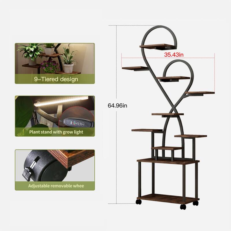 Romantic Heart-Shaped Plant Stand with LED Grow Lights - Tiered Metal Shelf for Indoor/Outdoor Decor