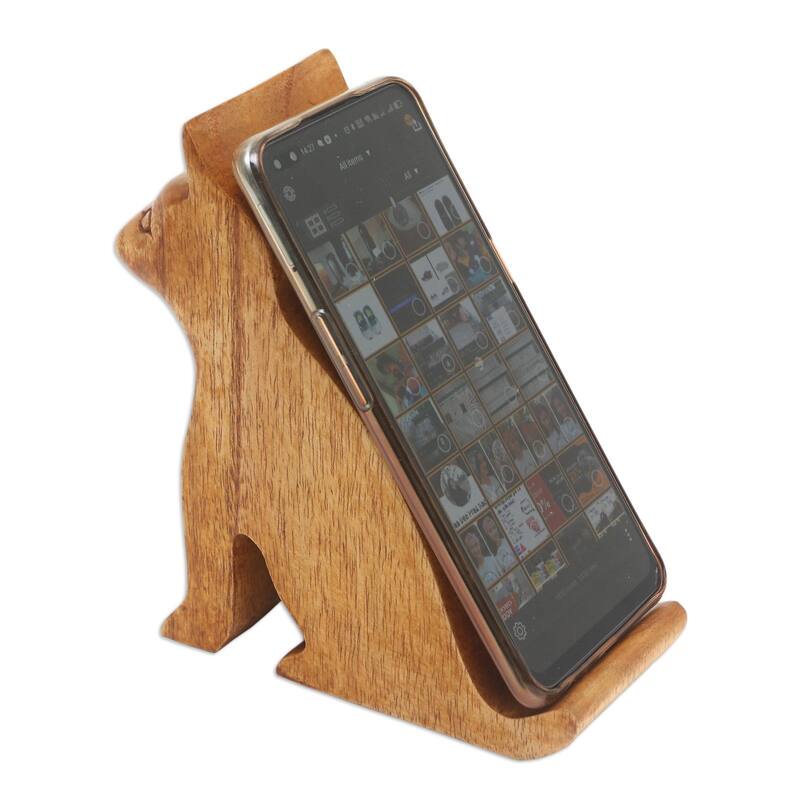 Novica Handmade Dialing Cat Wood Phone Stand