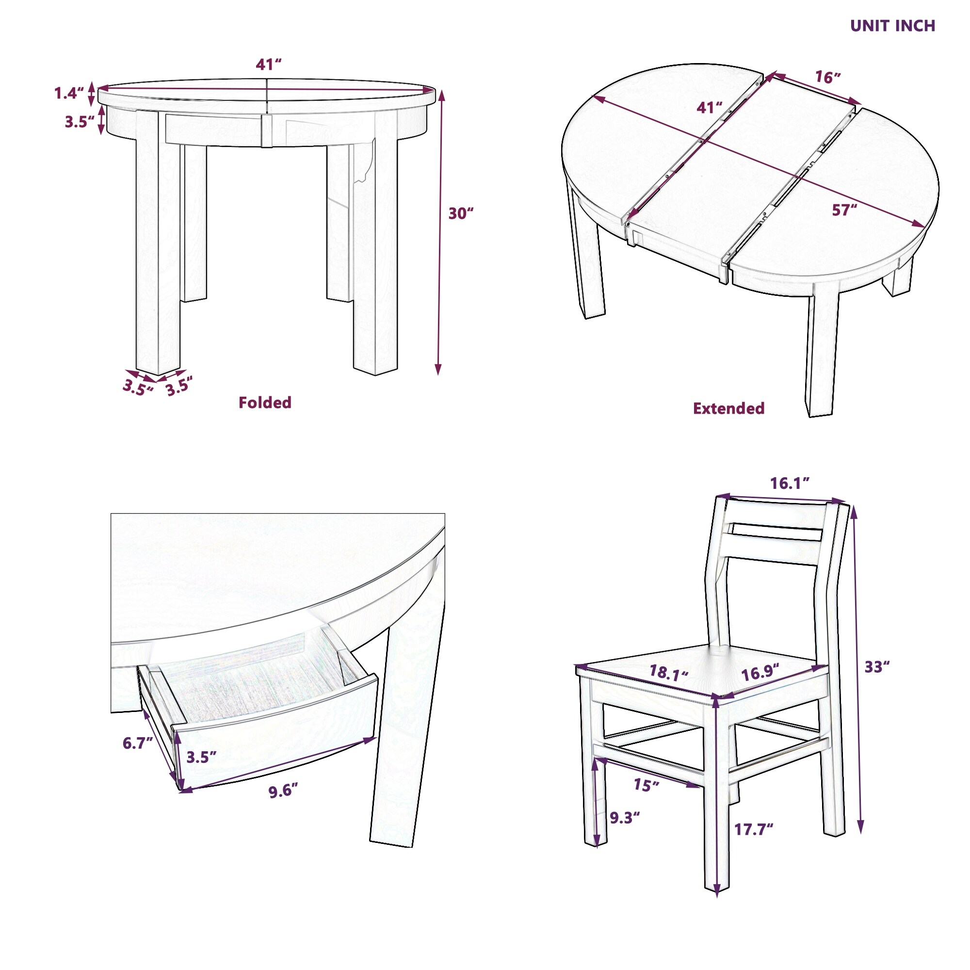 Farmhouse 5-Piece Extendable Round Dining Table Set with Storage Drawers and 4 Dining Chairs,16" Removable Leaf