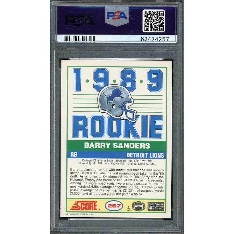 Barry Sanders 1989 Score Football Rookie Card RC #257 Graded PSA 7 - 8'6" x 11'6"