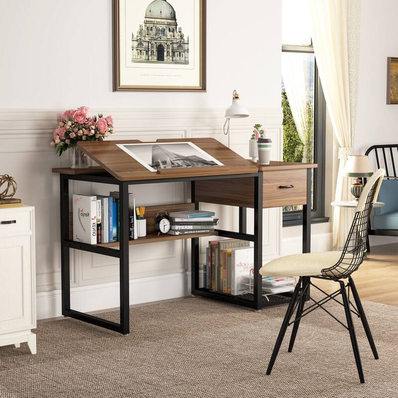 Drafting/Drawing/Painting Desk with Adjustable Tiltable Tabletop, Computer Desk with Drawer