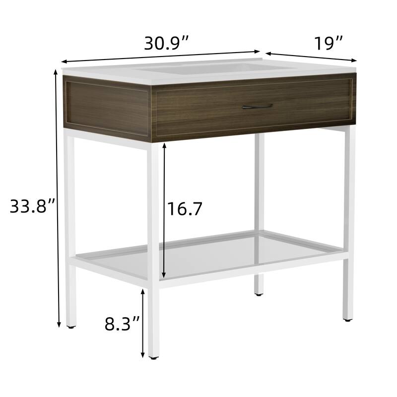 Ansel Freestanding Bathroom Vanity with Single Sink, One Glass Shelf, Metal Legs