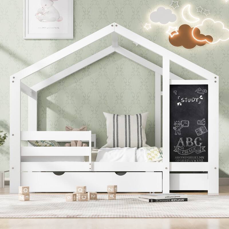 Twin Size House Bed with Blackboard and Drawers, Two assembly options