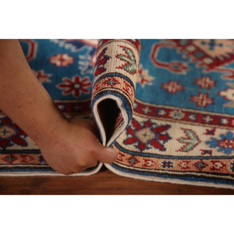 Blue Geometric Kazak Oriental Accent Rug Handmade Wool Carpet - 2'9" x 4'0"