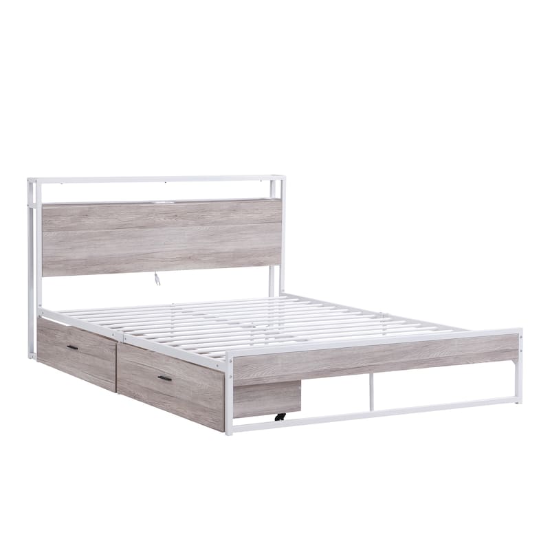 Queen Size Metal Platform Bed Frame with USB Ports,Sockets and Slat