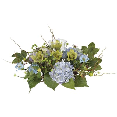 9" Hydrangea Faux Floral Centerpiece in Green with Candelabrum Decorative Tabletop Display - 18. W x 16. D x 9. H Inches