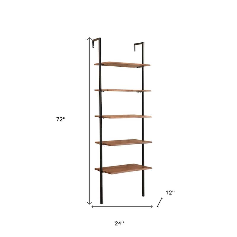 HomeRoots 72" Brown Metal and Solid Wood Five Tier Ladder Bookcase