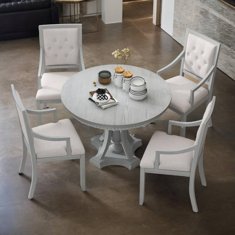 Retro 5-piece Dining Set Extendable Round Table and 4 Chairs for Kitchen Dining Room - Antique Gray