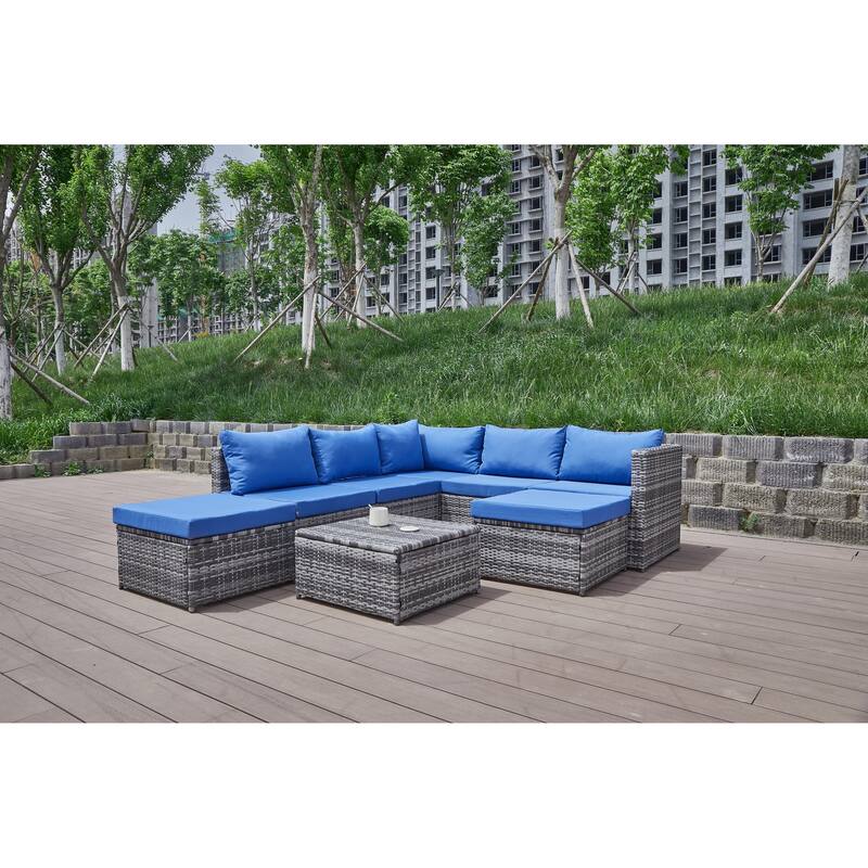 8 Pcs Patio Sectional Sofa Set, All-Weather Outdoor PE Rattan Wicker Conversation Furniture Set with Cushions and Tea Table