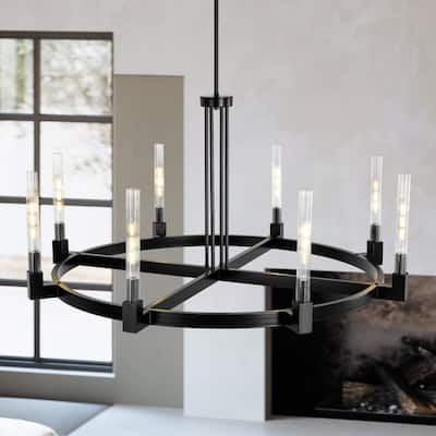 8-Light Mid-Century Modern Black Wagon Wheel Chandelier/Large Chandelier with Ribbed Glass Shade - 47.2 in. W x 23.6 in. H