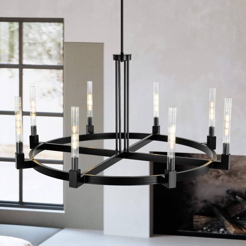 8-Light Mid-Century Modern Black Wagon Wheel Chandelier/Large Chandelier with Ribbed Glass Shade - 47.2 in. W x 23.6 in. H - 47.2 in. W x 23.6 in. H - Black
