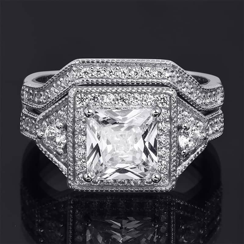 Sterling Silver Brilliant 3.0 CT Wedding Band Ring Set Princess Cut